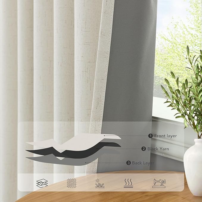 Total Blackout Curtains 96 Inches Long for Bedroom 2 Panel Cute Black Out Curtains for Living Room Light Blocking Thermal Noise Reduction Linen Textured Rustic Country 8ft Back Tab Pleated Cream Ivory