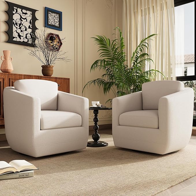 360° Comfy Swivel Accent Armchair with Pillow - Fully Assembled Living Room Single Sofa No-Sag Foam & Sturdy Metal Base, Swivel Accent Chair for Bedroom Living Room, Office, Beige