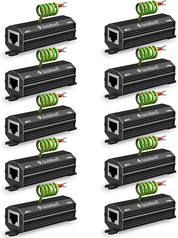 Awishwell Ethernet Surge Protector Gigabit, 10 Pack PoE++ RJ45 Surge Protector 1000Mbps, 20KA Metal Shielded Lightning Arrestor LAN Network CAT5/CAT6 Thunder Arrestor-Mounting Flange