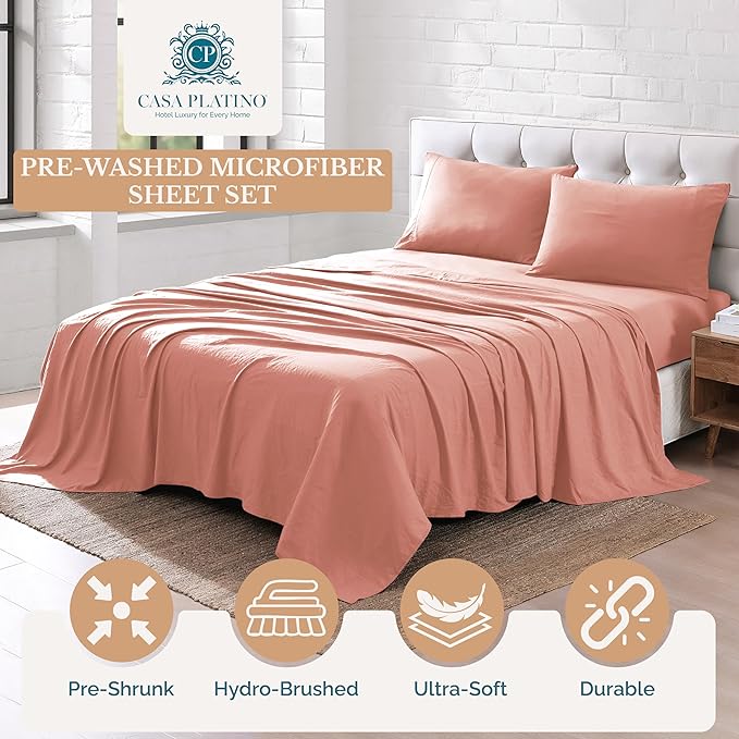 Casa Platino Queen Bed Sheets, 4 Piece Set with Deep Pocket Sheet, Brushed Microfiber for Queen Size Bed, Pre-Washed, Fade Resistant, Hotel Style Sheet Set with Smooth Cozy Feel – Rose Dawn