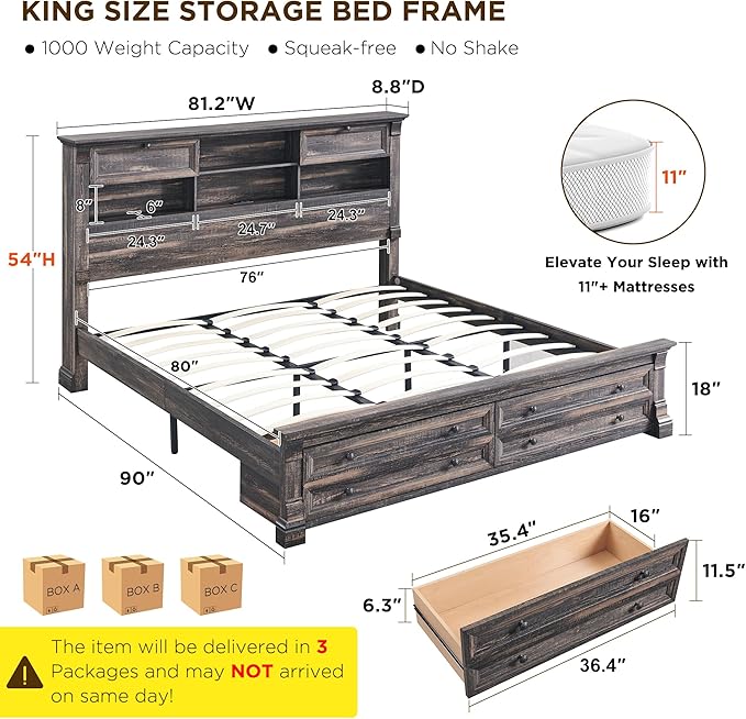 Farmhouse King Size Bed Frame with 54" Tall Storage Bookcase Headboard, Wood Platform Bed Frame with 18" Tall Roman Column Decoration Footboard & 2 Drawers, No Box Spring Needed(Dark Rustic Oak)
