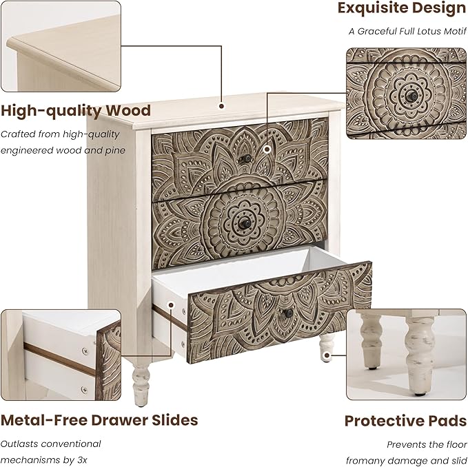 COSIEST 3 Drawers Nightstand, Accent Dresser, 29'' Tall Wood Vintage Small Accent Chest, Bedside Table,Bedroom Furniture for Home, Entryway (Lotus Pattern)