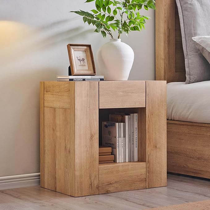 OKD 24'' Modern Nightstands Set of 2, Large Wooden End Table with Charging Station & Drawer & Storage Shelf, Rustic Square Bedside Table for Bedroom, Living Room, Wood Thick Design,Natural Oak