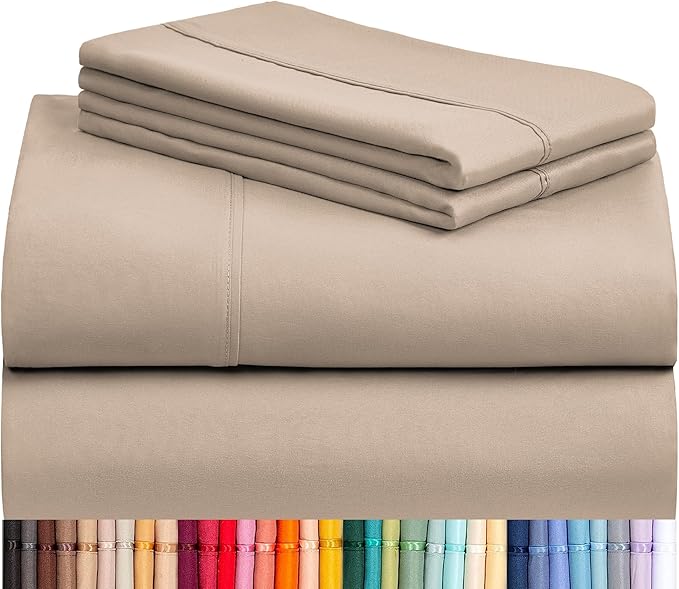 LuxClub 4 PC Full Sheet Set, Deep Pockets Wrinkle Free Cooling Bed Sheets Hotel Bedding for Women, Men, Kids & Teens, Includes 1 Fitted Sheet, 1 Flat Sheet and 2 Pillowcases-Soft Light Khaki