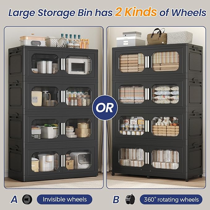 250 Gallon Extra Large Storage Bin with Lid and Wheels, Stackable Collapsible Plastic Storage Box with Door, Foldable Organizer for Closet, Kitchen, Office, Living Room, 5 Pack Black