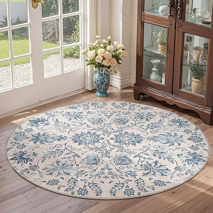 jinchan Torino Classic Floral Round Rug 4ft, Vintage-Inspired Design 4’Circle Rug, Machine Washable Ultra-Thin Low-Pile Non-Slip Indoor Carpet for Bedroom Dining Room Living Room Entryway Dark Blue