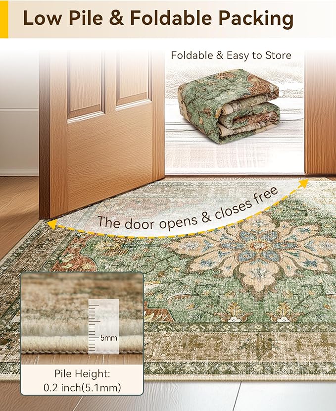 Area Rugs 4'x5' Washable Non-Slip, Floral Vintage Distress Print Pattern Medallion Carpet for Living Room Bedroom Dining Room, Brick Red Rust Neutral Brown Burnt Orange Green