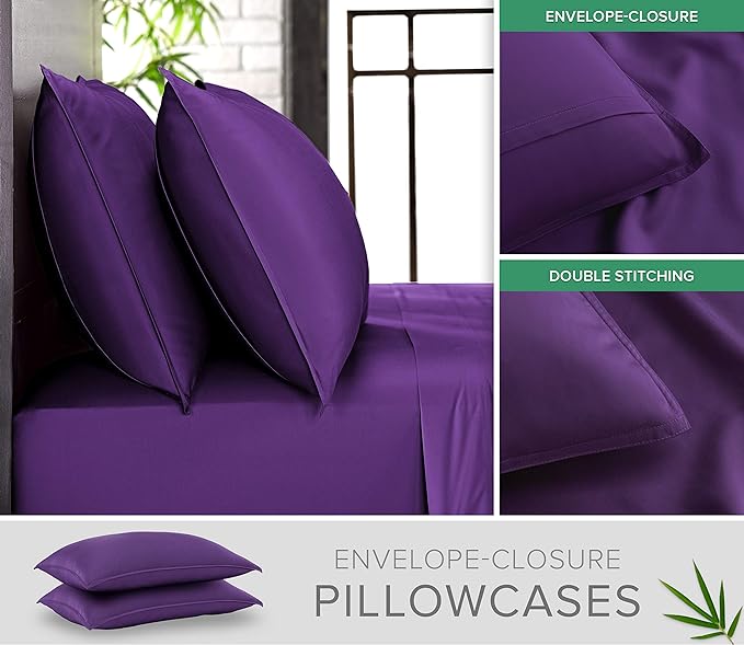Pure Bamboo Queen Sheets, Genuine 100% Organic Viscose Derived from Bamboo Bed Sheet Set, Luxuriously Soft & Cooling, Double Stitching, 2 Year Quality Promise (Queen, Purple)