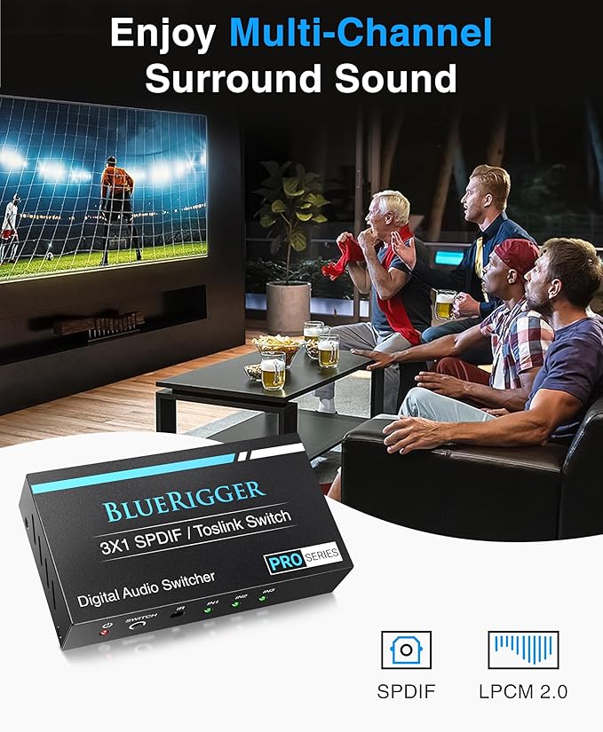 BlueRigger Digital Toslink Optical 3x1 Switch - (LPCM 2.0, SPDIF Optical Audio Switcher with IR Remote Control, 3 in 1 Fiber Optic Switch) - Compatible with Gaming Console, HDTV, Amplifier, Soundbar