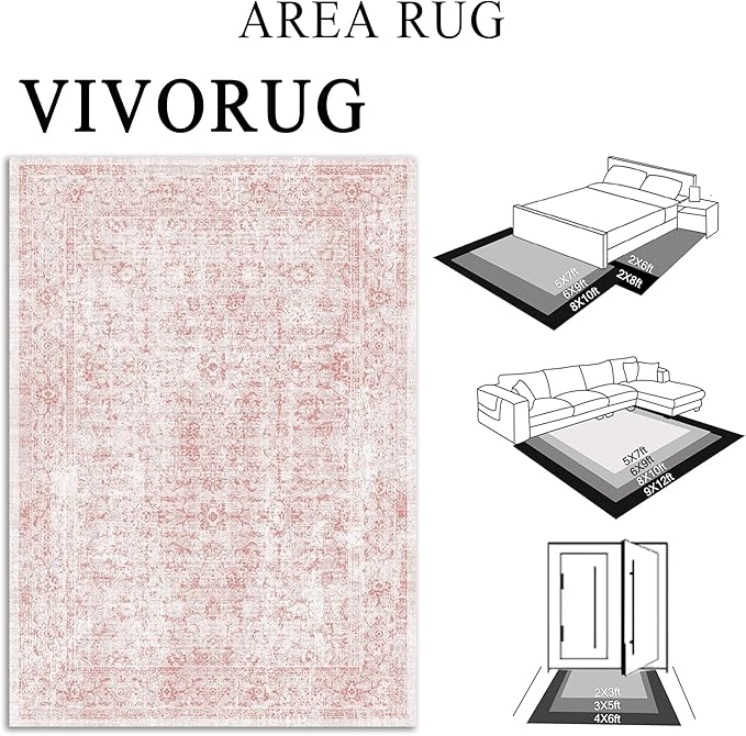 8x10 Area Rugs for Living Room, Non-Slip Backing Washable Rug 8x10, Pink Large Area Rug Soft Carpet for Bedroom Dining Room, Vintage Floral, Easy Clean, Durable, Low Pile Rug Under Table