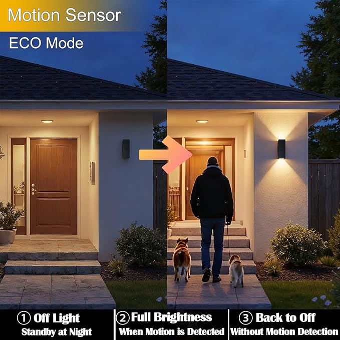 WISELUME Motion Sensor Outdoor Wall Lights, Dusk to Dawn Porch & Patio Sconce with E26 Dimmable LED Bulbs, Black Aluminum Up & Down Exterior Lights for Garage, Garden, Front Door, ETL Listed