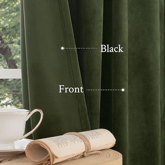 LAMIT Olive Green Velvet Curtains for Living Room 102 Inch Length, Room Darkeing Blackout Panels Luxury Thermal Insulated Back Tab and Rod Pocket Window Drapes for Bedroom, 2 Panels, 52 x 102 Inch