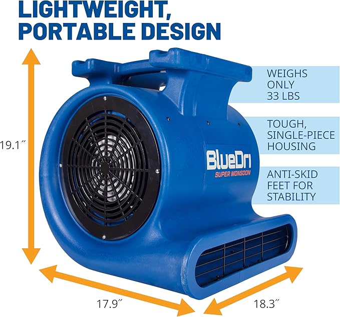 BlueDri Super Monsoon 1 HP, 4050 CFM Air Mover Blower Fan for Water Damage Restoration Carpet Dryer Floor Home and Plumbing Use, Blue, BD-SMNSN