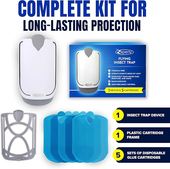 Zaperly 1 Fruit Fly Trap & 5 Adhesive Cartridges, Indoor Plug-in Bug Catcher, UV Light Fly Trap Captures Fruit Flies, Gnats, Houseflies, Moths, and Flying Insects for Kitchen, Bathroom, Plant Areas