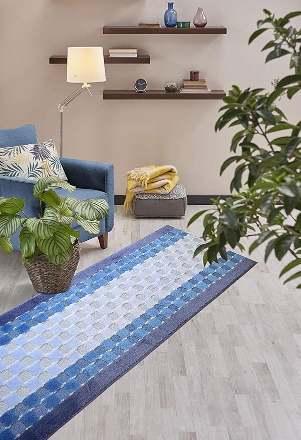Custom Length Hallway Runner Rug,Slip Resistant,Checkered Blue, 26 Inch X 19 feet, Sold and Priced Per Foot