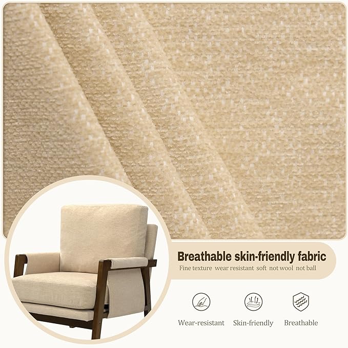 Beige Accent Chair for Bedroom & Living Room, Mid Century Modern Accent Arm Chair, Upholstered Anthropologie Accent Chair with Solid Wood Frame, Fabric