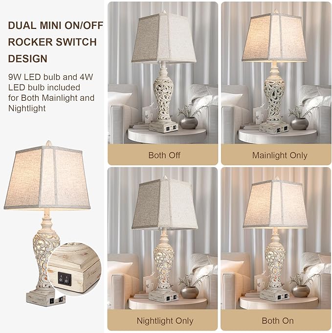 28.5" Table Lamps Set of 2 - Bedside Lamp with Fabric Shades - for Bedroom and Living Room with USB and Nightlight - Perfect for Nightstands and Bedrooms