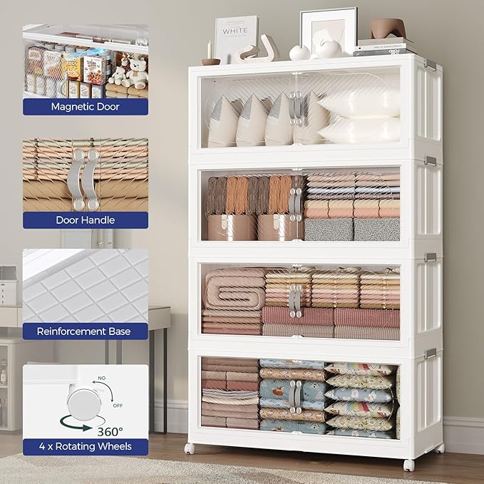 600QT Plastic Stackable Storage Bins with Lid, 150GAL Extra Large Collapsible Box with Wheels Clear Door, Foldable Closet Organizer Container Cabinet Drawer for Home Kitchen，5Pack, White