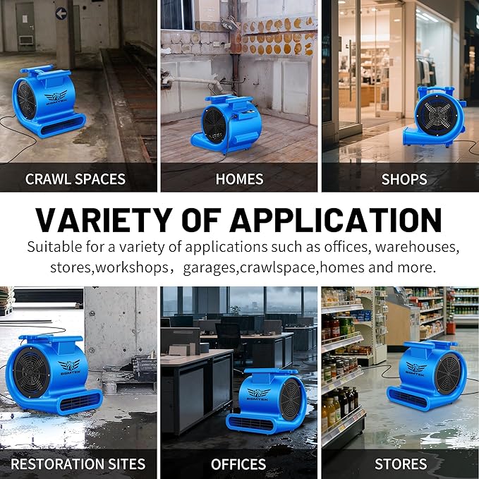 BSMTEK Air Mover Blower Fan, Industrial 1.5HP MAX10000CFM Monster Floor Blower Carpet Dryers - 3 Speeds, 4 Adjustable Angles, 15FT Long Cord, Stackable - 2026 Upgraded