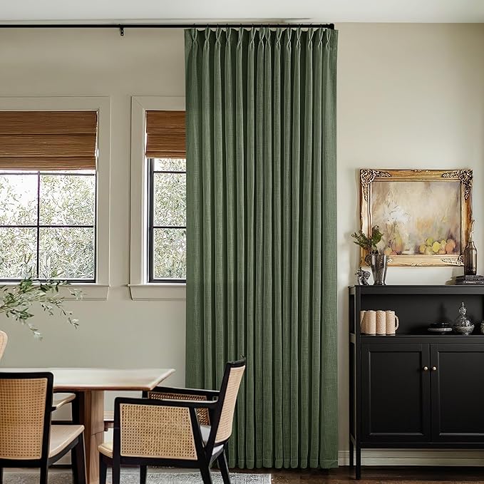 Olive Green Linen Pinch Pleated Curtains 84 Inches Long 2 Panels for Living Room Bedroom Linen Pleated Hooks Rings Back Tab Light Filtering Loden Moss Green Farmhouse Drapes 84 Inch Length