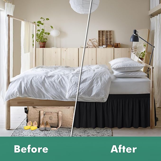 Biscaynebay Wrap Around Bed Skirts with Split Corners for Queen Beds 15" Drop, Black Adjustable Elastic Dust Ruffles Easy Fit Wrinkle Resistant Silky Luxurious Fabric Machine Washable