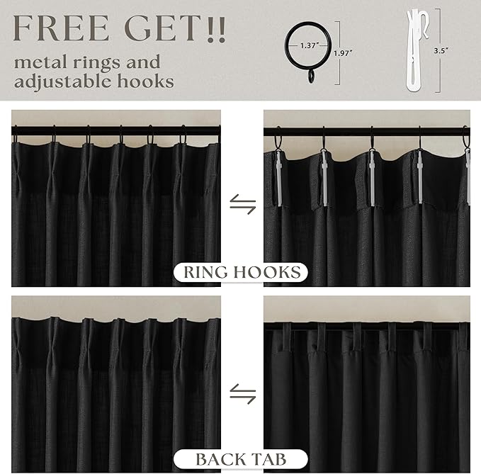 Black Linen Curtains 102 Inches Long 2 Panels for Living Room Modern Thick Linen Flax Pinch Pleated Memory Trained Light Filtering Ceiling Semi Sheer 102 Inch Curtain with Hook Rings Back Tab