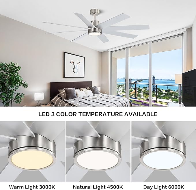WINGBO 72" Large DC Ceiling Fans with Lights and Remote, 3 Downrods, 8 Plywood Blades, 6-Speeds Reversible DC Motor, 3CCT, Indoor Ceiling Fan for Bedroom Living Room Patio, Brushed Nickel and Silver