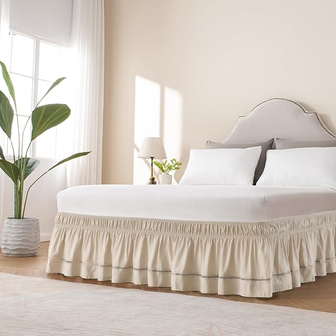 MIYE Wrap Around Ruffled Lace Bed Skirt, Elastic Dust Ruffle with Adjustable Belts, Easy to Put On, Bed Frame Cover, Machine Washable (Ruffled Lace/Beige, Full/Twin-18 Drop)