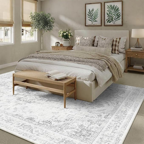 8x10 Vintage Washable Area Rugs Boho Medallion Large Distressed Retro Accent Carpet Floral Non-Slip Soft Low Pile Indoor Throw Rug for Living Room Bedroom Dining Room Office Kitchen, Gray