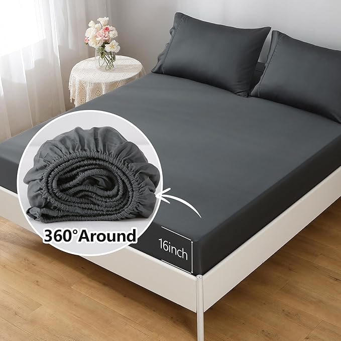 100% Viscose from Bamboo Sheets Set,Viscose from Bamboo Cooling Bed Sheet King Size 4 Pieces Deep Pocket Sheet,Silky Soft,Breathable(Shadow Grey,King)