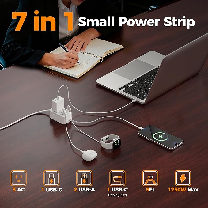 TESSAN Small Flat Plug Power Strip with 1 PD20W Retractable USB C Cable, 5 ft Ultra Thin Extension Cord with 3 AC Outlets 3 USB Ports, 5 ft Slim Plug for Cruise Ship Travel, Dorm, Home Office