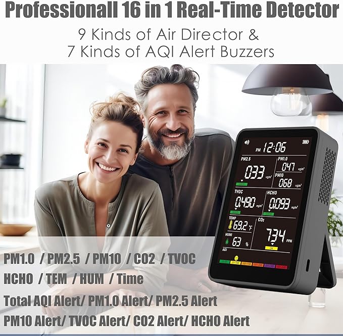 Professional Indoor Air Quality Monitor with AQI Alarms, Portable Real-Time Detector for Home Cars Plants and Pets (Black)