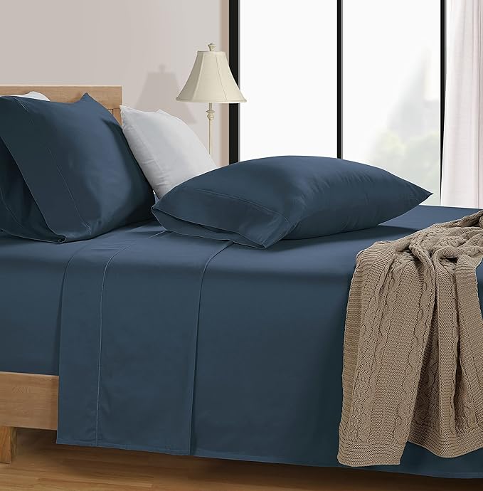 LANE LINEN 600 Thread Count 100% Mercerized Cotton Twin Sheets Set, Machine Wash, Mercerized Cotton for Sily Finish, Soft & Comfy Fully Elasticized Sheets Twin Size Bed Set, Sateen Weave - Dark Denim
