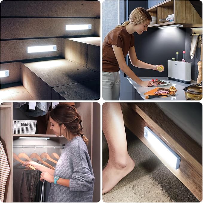 6 Pack Under Cabinet Lighting Wireless, 50 LED Rechargeable Battery Motion Sensor Light Indoor, Stick On Magnetic Closet Lights, Under Counter Lights for Kitchen, Stairs, White 12 in