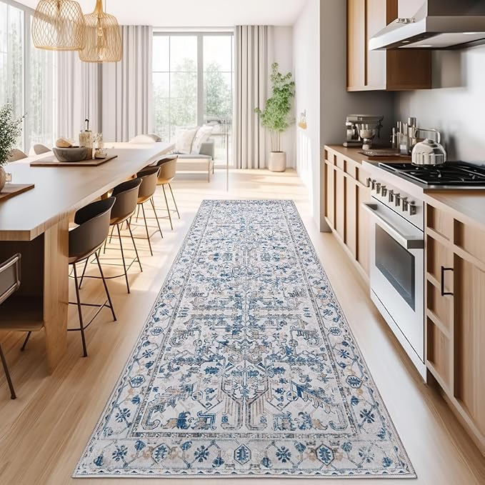 jinchan Lima Kitchen Runner Rug 3x8 - Vintage Floral Machine Washable Non-Slip Hallway Runner Rug with Rubber Backing Ultra-Thin Carpet for Bedroom Laundry Room Farmhouse (3x8ft, Blue)