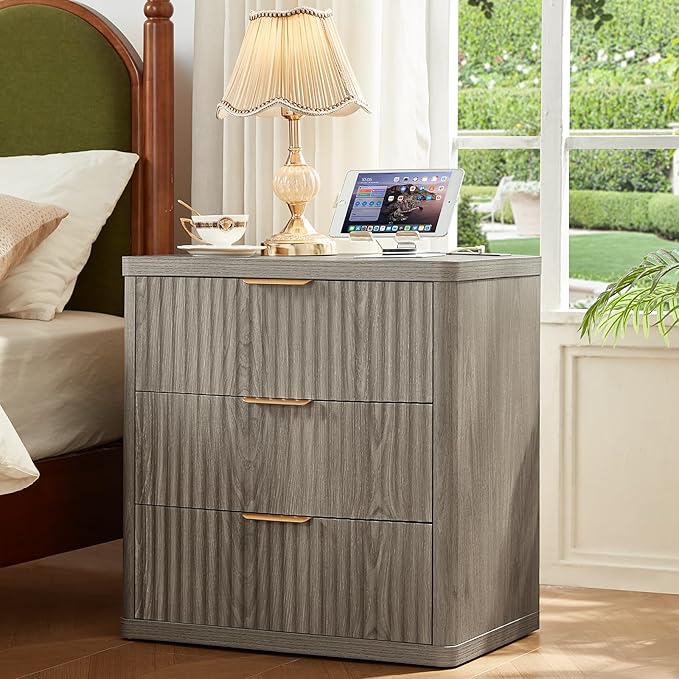 LEYAOYAO Fluted Dresser and 3 Drawers Nightstand Set of 2, Wood 48" Wide Dresser & 23" Night Stand with Charging Station, 3 Piece Bedroom Furniture Set, Chest of Drawers for Home,Living Room,Grey