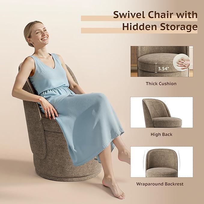 Swivel Accent Chair, 360° Swivel Chair with Hidden Storage, Vanity Chairs, Modern Small Barrel Swivel Armchair for Living Room/Bedroom, Brown
