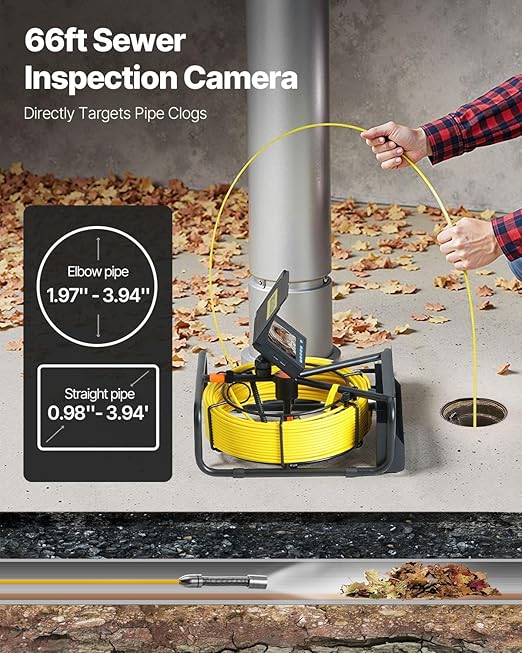 VEVOR Sewer Camera, 65.6 ft/20 m, 4.3" Pipe Drain Inspection Camera with DVR Function and LED Lights, Waterproof IP68 Borescope, Industrial Endoscope for Home Wall Duct Drain Pipe Plumbing