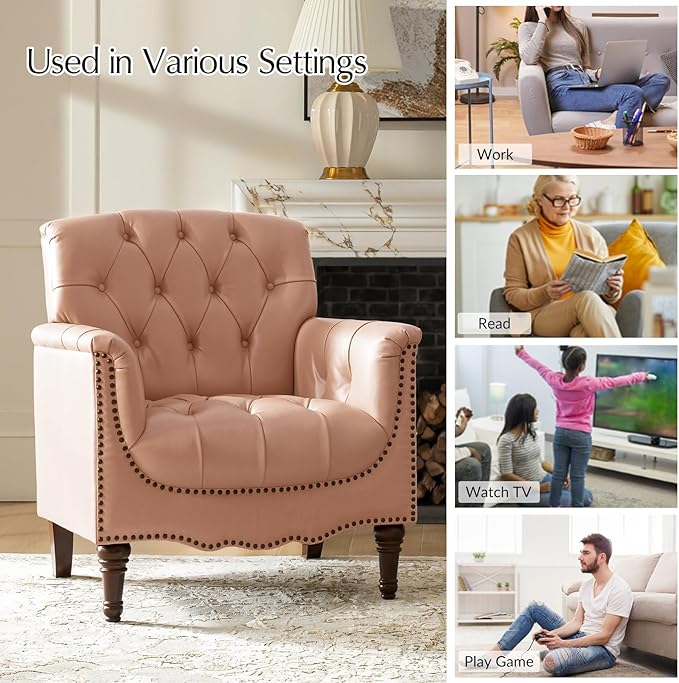 HULALA HOME Mid Century Modern Leather Club Chairs, Top-Grain Genuine Leather Armchairs with Button-Tufted Back & Solid Wood Legs, Accent Chairs for Living Room/Bedroom/Home Office, Pink
