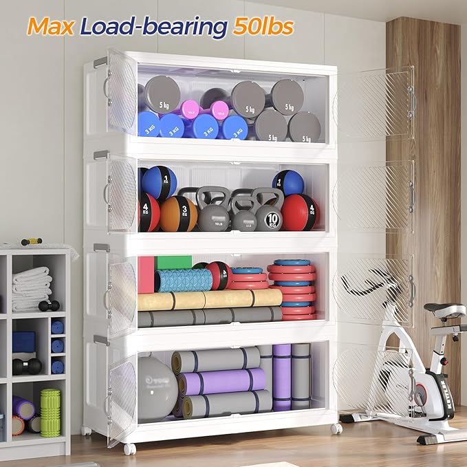 640QT Plastic Stackable Storage Bins with Lid, 160GAL Extra Large Collapsible Box with Wheels Clear Door, Foldable Closet Organizer Container Cabinet Drawer for Home Kitchen，4Pack, White