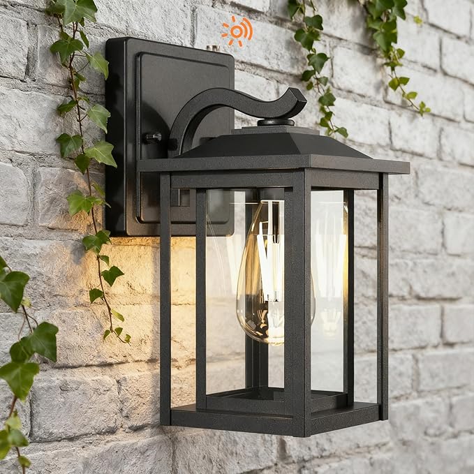 LTBLIGHT Dusk to Dawn Outdoor Lighting, Modern Black Waterproof Exterior Wall Sconce, Sensor Front Porch Lights with E26 Base for House Garage Patio Front Door, 120V