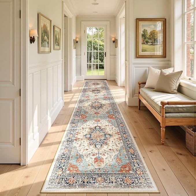 Area Rugs 2'6''x10' Washable Non-Slip, Floral Vintage Distress Print Pattern Medallion Carpet for Living Room Bedroom Dining Room, Beige Navy Blue Orange Colorful