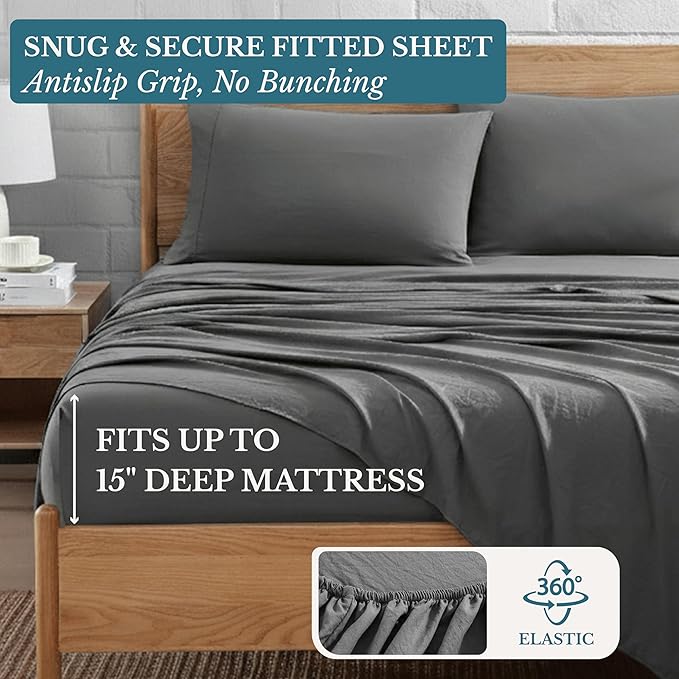 Casa Platino 4Piece Charcoal Microfiber King Sheet Set, Pre-Washed Ultra Soft, Breathable, Deep Pockets - Bed Linen Set