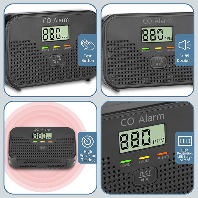 Carbon Monoxide Detector Powered by AA Battery (not Included),CO Monitoring Alarm with LCD Display Screen, Used for Home Basement Kitchen, Hotel Garage, Bedroom, Living Room Voice Alarm 4 Pack