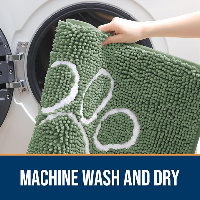 OLANLY Dog Door Mat for Muddy Paws 40x32, Paw Print Design, Absorbs Moisture and Dirt, Non-Slip Washable Doormat, Quick Dry Chenille Mud Mat, Entry Indoor Entryway Carpet, Olive Green and White