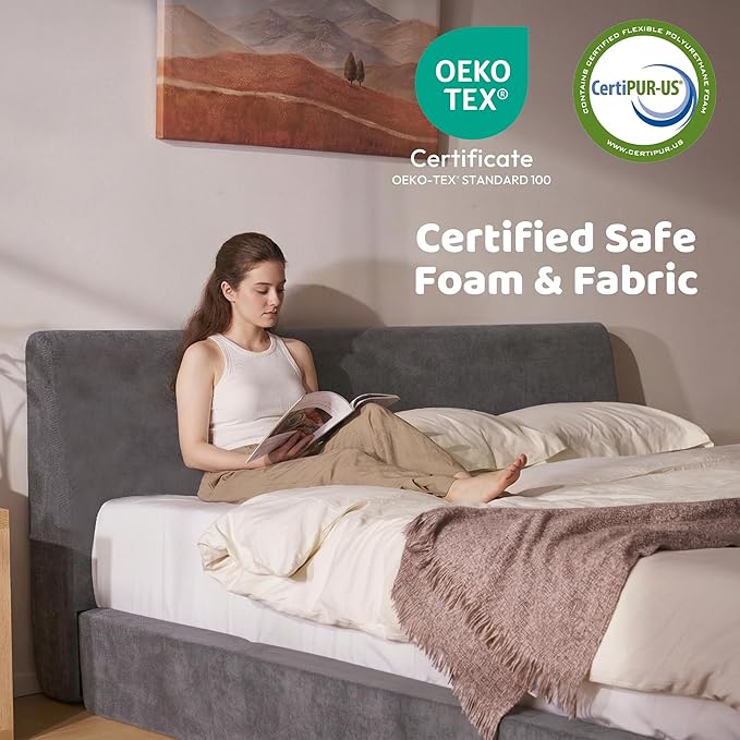 RECCI Cloud Queen Bed Frame with Ergonomic Angled Foam Cushioned Headboard, Minimalist Design Platform Bed Frame, No Box Spring Needed, Easy Assembly (Moon Grey)