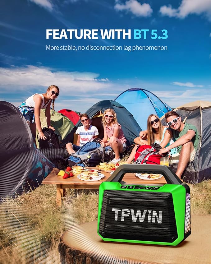TPWIN Bluetooth Speaker - 80W Loud Rugged Outdoor Speakers, IPX6 Waterproof, 20H Playtime, Deep Bass, Lightshow, TWS, BT 5.3 Wireless, Portable for Travel Hiking Camping Beach Pool - Green