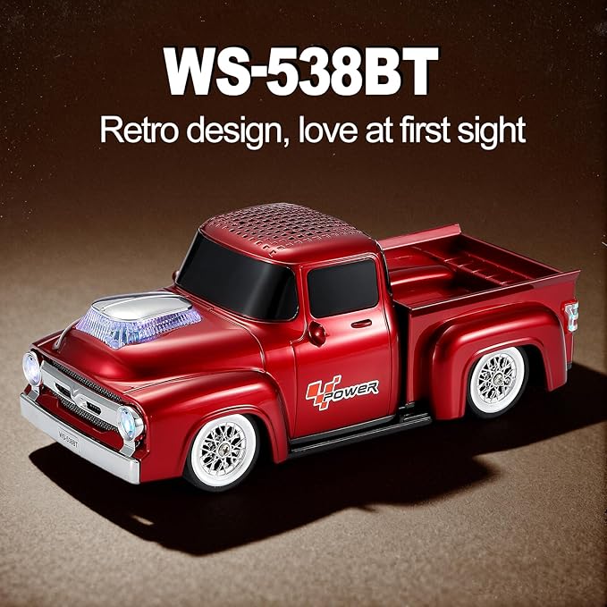 Vintage Pickup Truck Bluetooth Speaker, Retro Truck Model with HD Sound, Built-in Mic, LED Party Lights, TWS Dual Pairing, Multi-Interface Output, Portable Outdoor Speaker for Parties & Beach (RED)