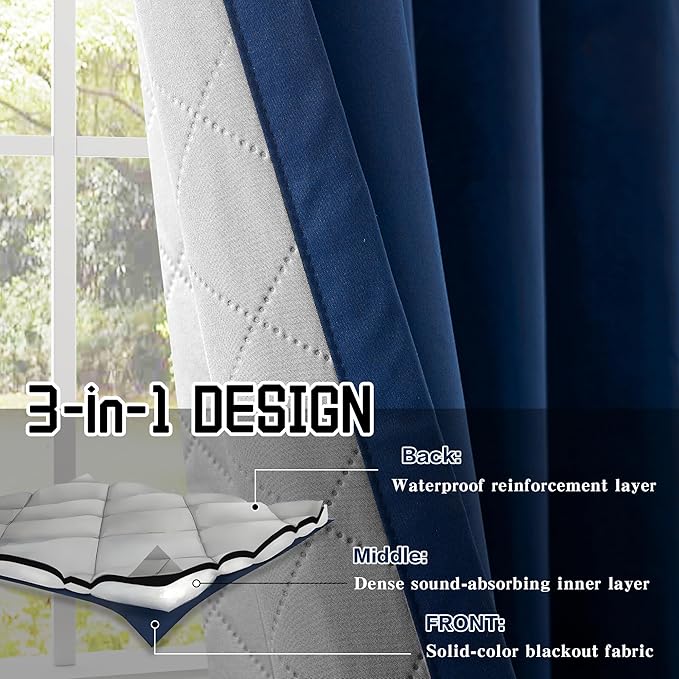 Navy Blue 3-in-1 Heavy Soundproof Curtains Full Blackout Curtains for Bedroom Energy Saving Winter Drapes Grommet Thermal Insulation Room Divider Drapes for Living Room (1 Panel, Navy Blue, 50" x 96")