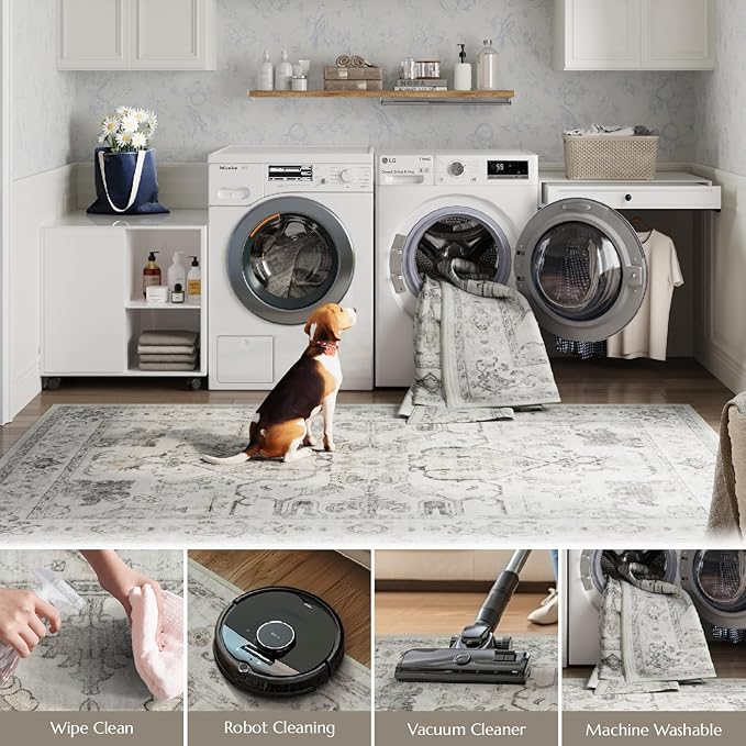 jinchan 4x6 Machine Washable Area Rug Ultra-Thin Soft Throw Rug Low Pile Non-Slip Stain Resistant Distressed Vintage Floral Carpet for Bedroom, Living Room, Dining Room, Kitchen, Nursery(4x6ft, Taupe)